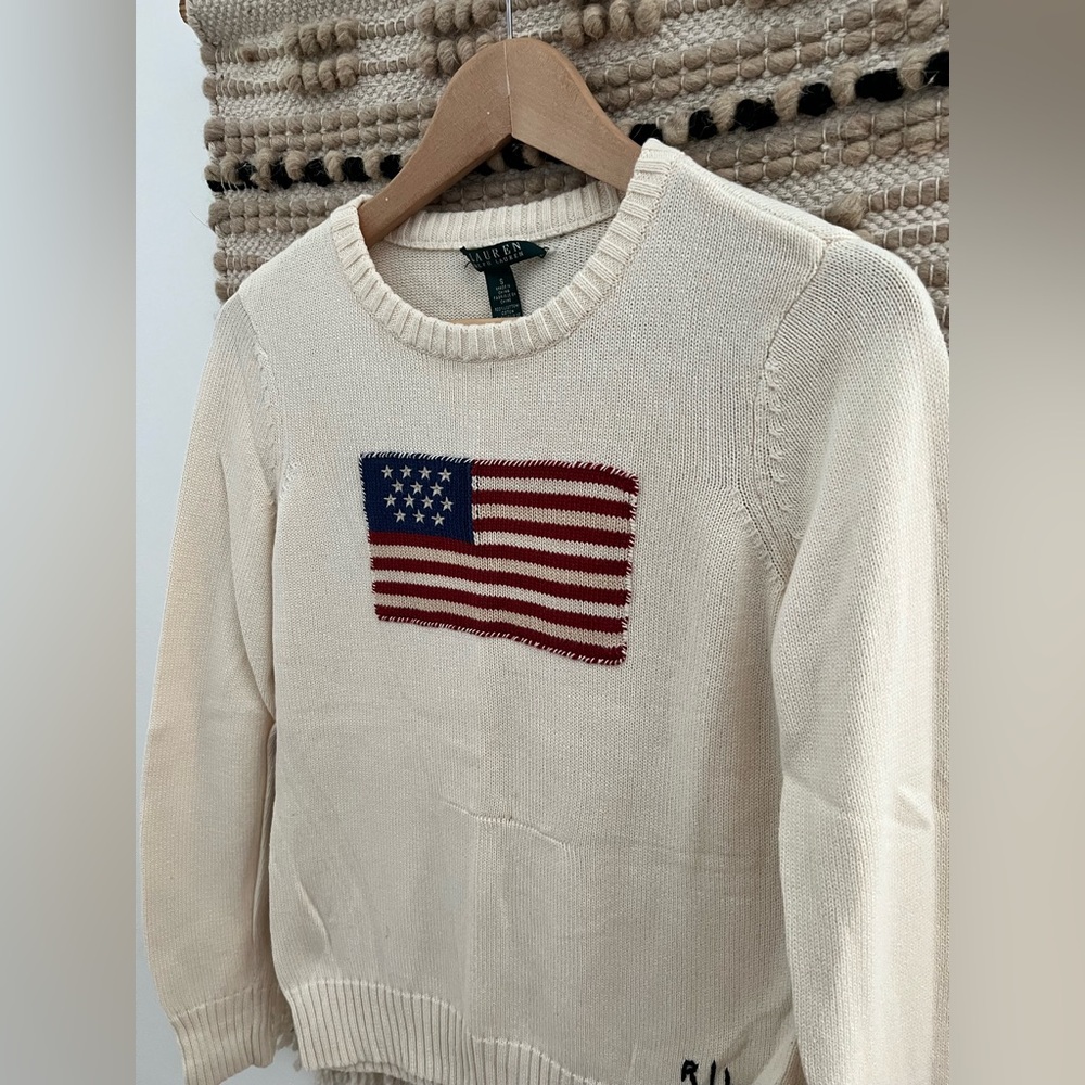 Vintage Rare Green Tag 90S Ralph Lauren Ivory Flag Knitted Sweater - Picture 3 of 15